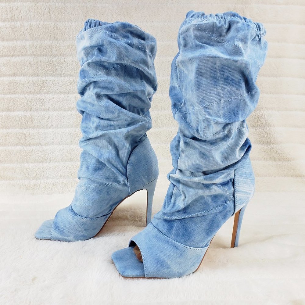 Mineral Wash Denim Square toe Scrunch Slouch Mid Calf Pull On Heeled boots - Picture 14 of 15